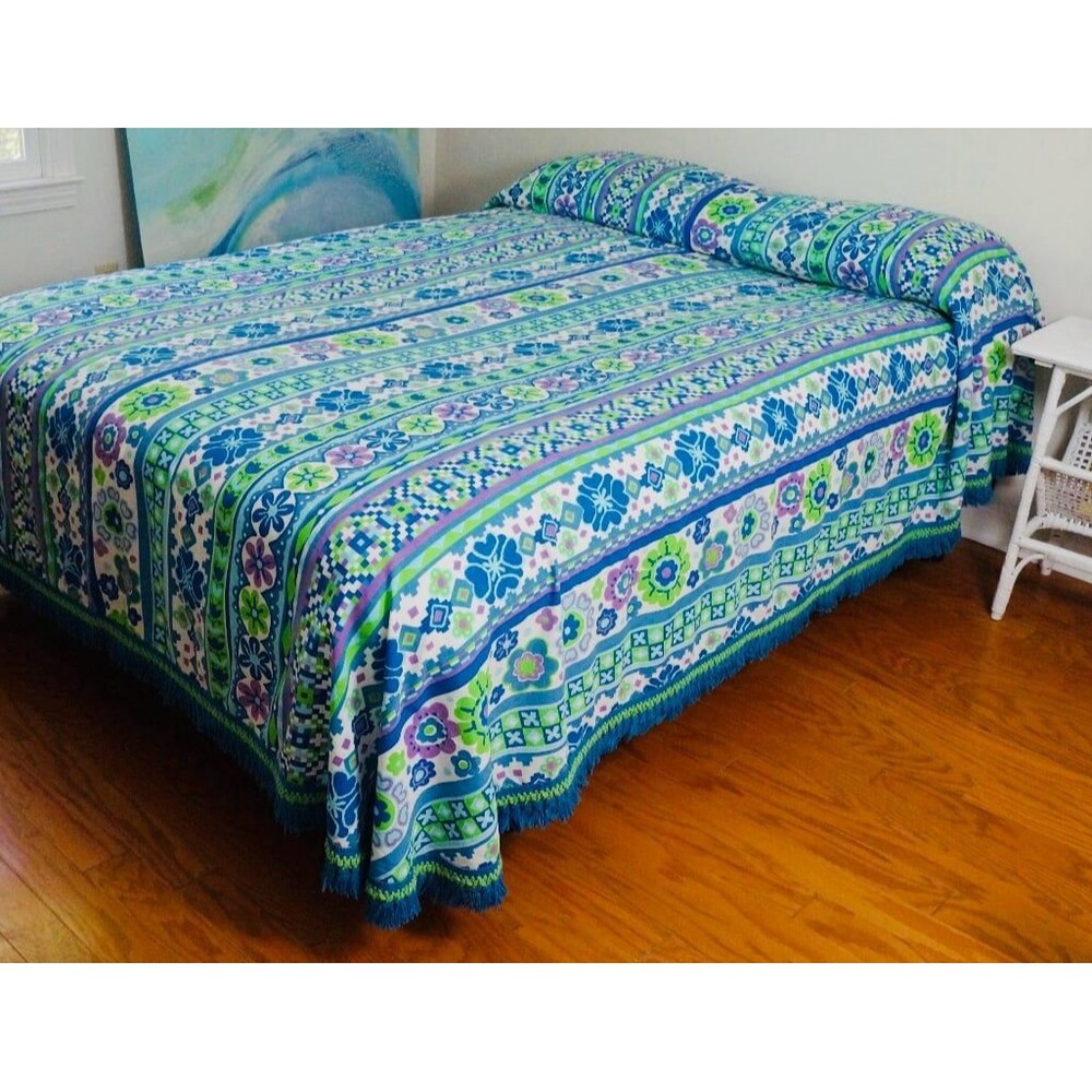 Vintage Fieldcrest Twin Bedspread Fringe Retro Blue Green MCM Mod Psychedelic